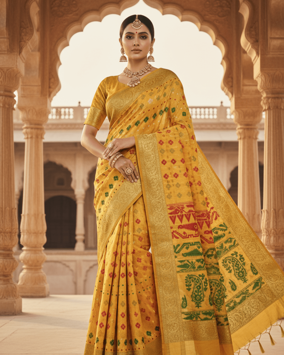 Yellow Soft Jamdani Pure Cotton Saree –Traditional Handloom Saree