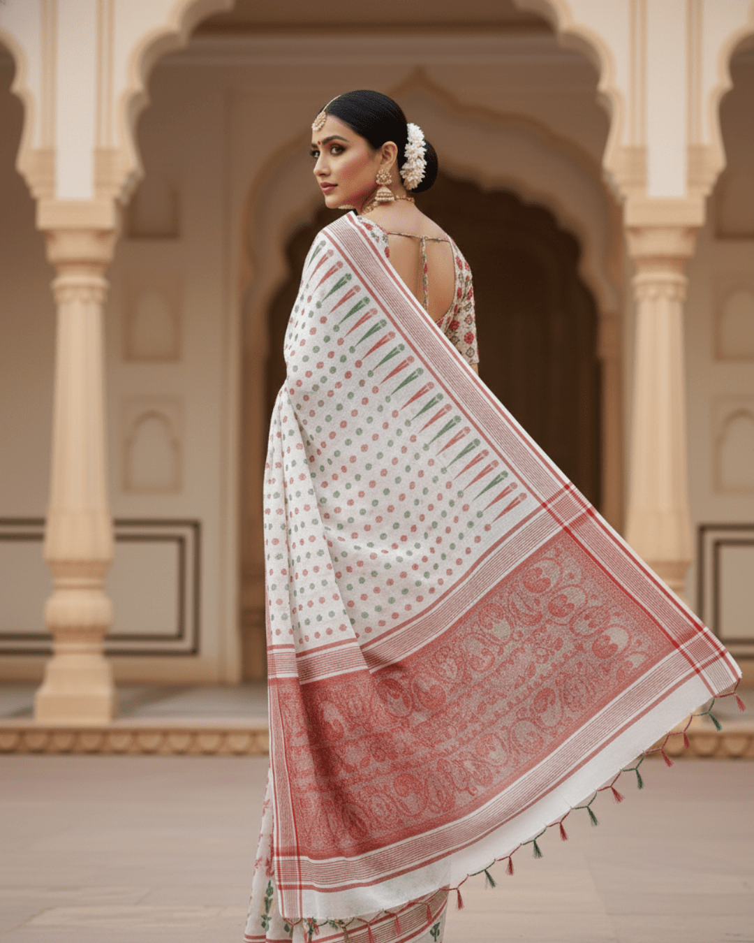 White & Green Soft Jamdani Pure Cotton Saree –Traditional Handloom Saree - Image 3