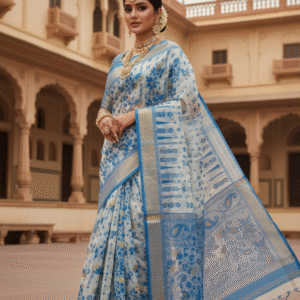 White & Blue Soft Jamdani Pure Cotton Saree –Traditional Handloom Saree