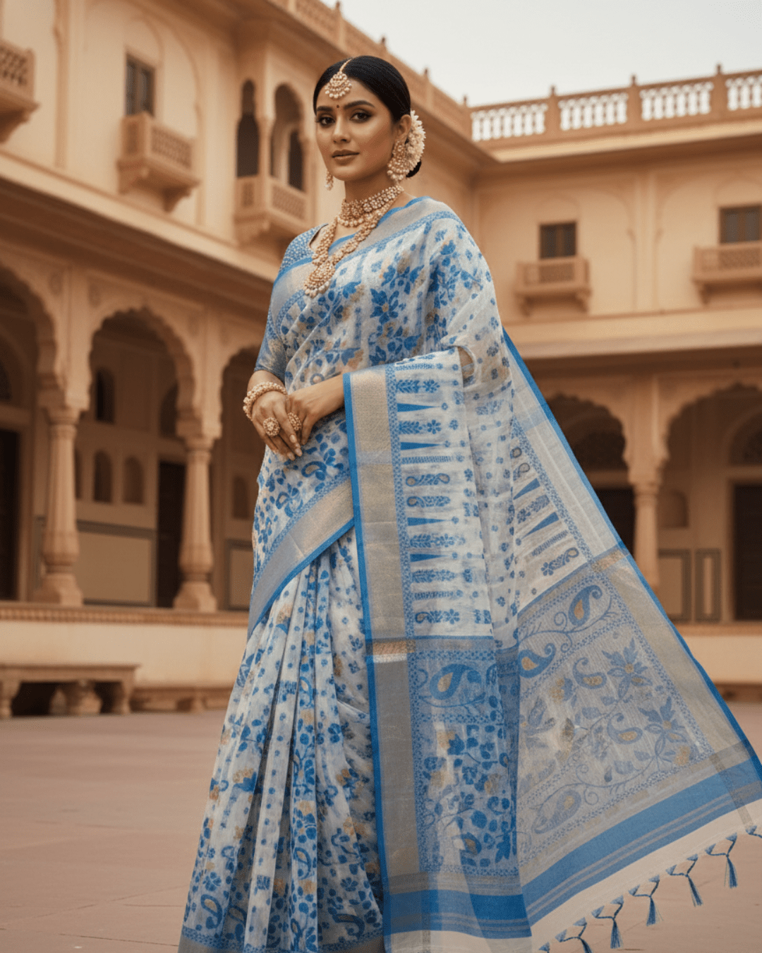 White & Blue Soft Jamdani Pure Cotton Saree –Traditional Handloom Saree
