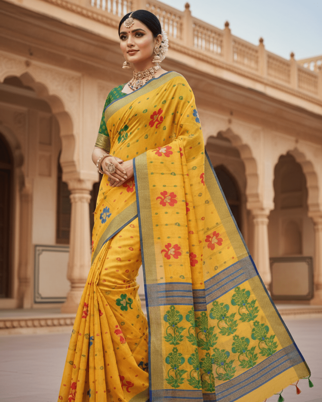 Yellow Jamdani Pom Pom Pure Cotton Saree – Handloom Saree