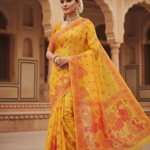 Yellow Handloom Cotton Linen Saree – Traditional Saree