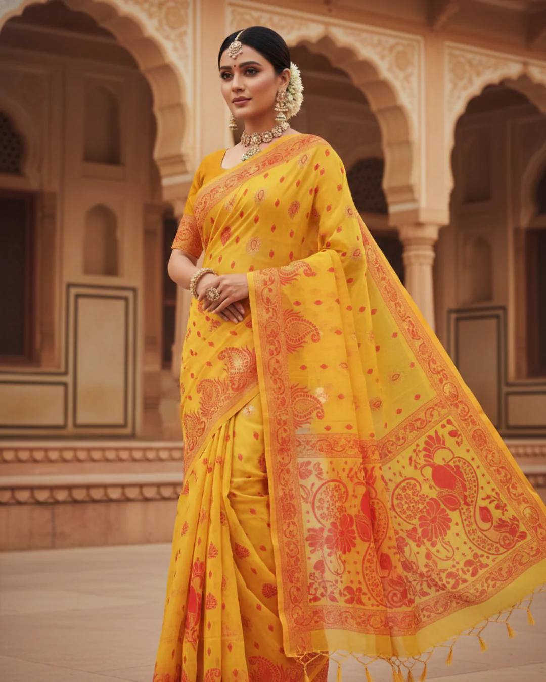 Yellow Handloom Cotton Linen Saree – Traditional Saree