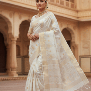 White Handloom Cotton Linen Saree – Traditional Saree