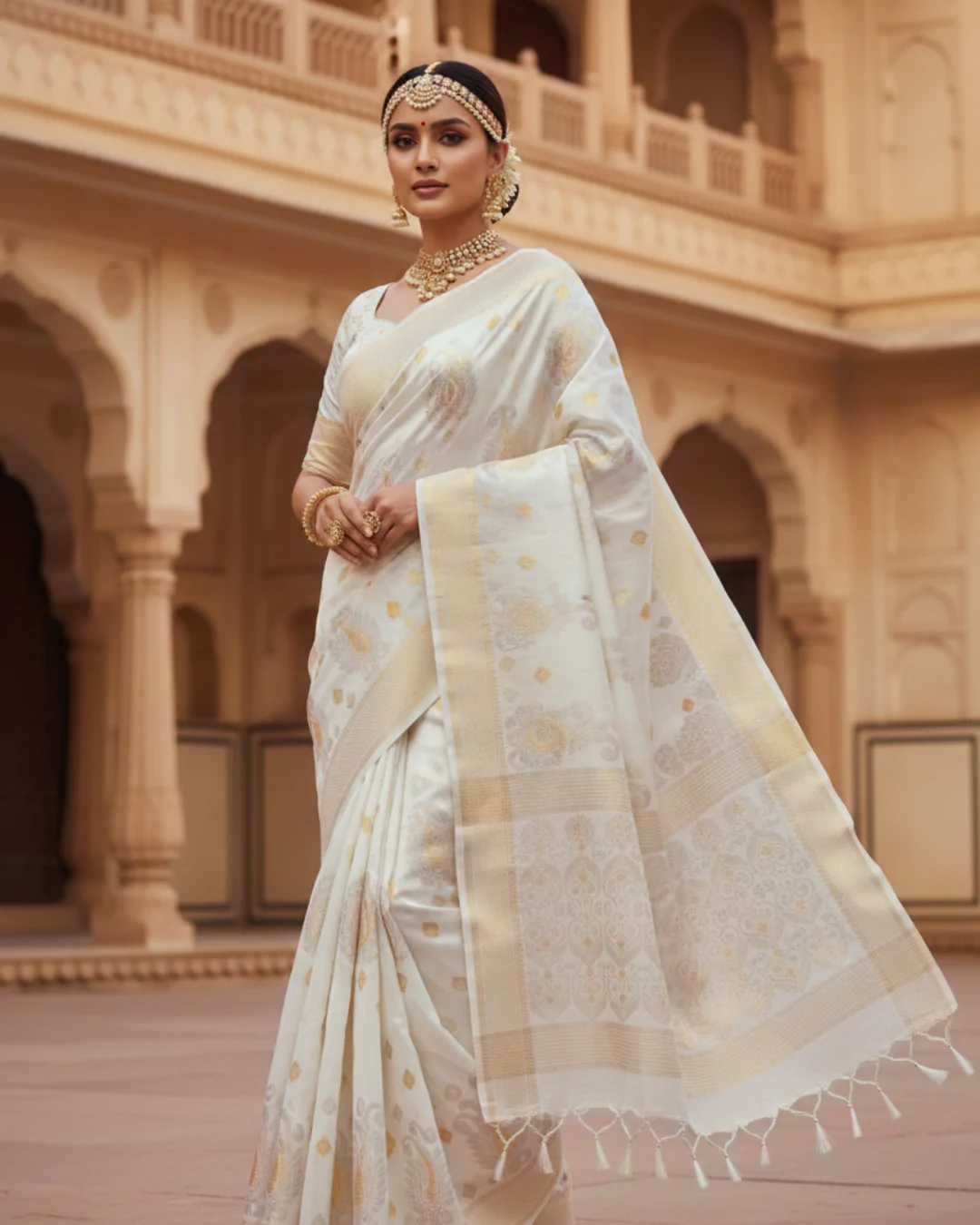 White Handloom Cotton Linen Saree – Traditional Saree