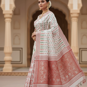 White & Green Soft Jamdani Pure Cotton Saree –Traditional Handloom Saree