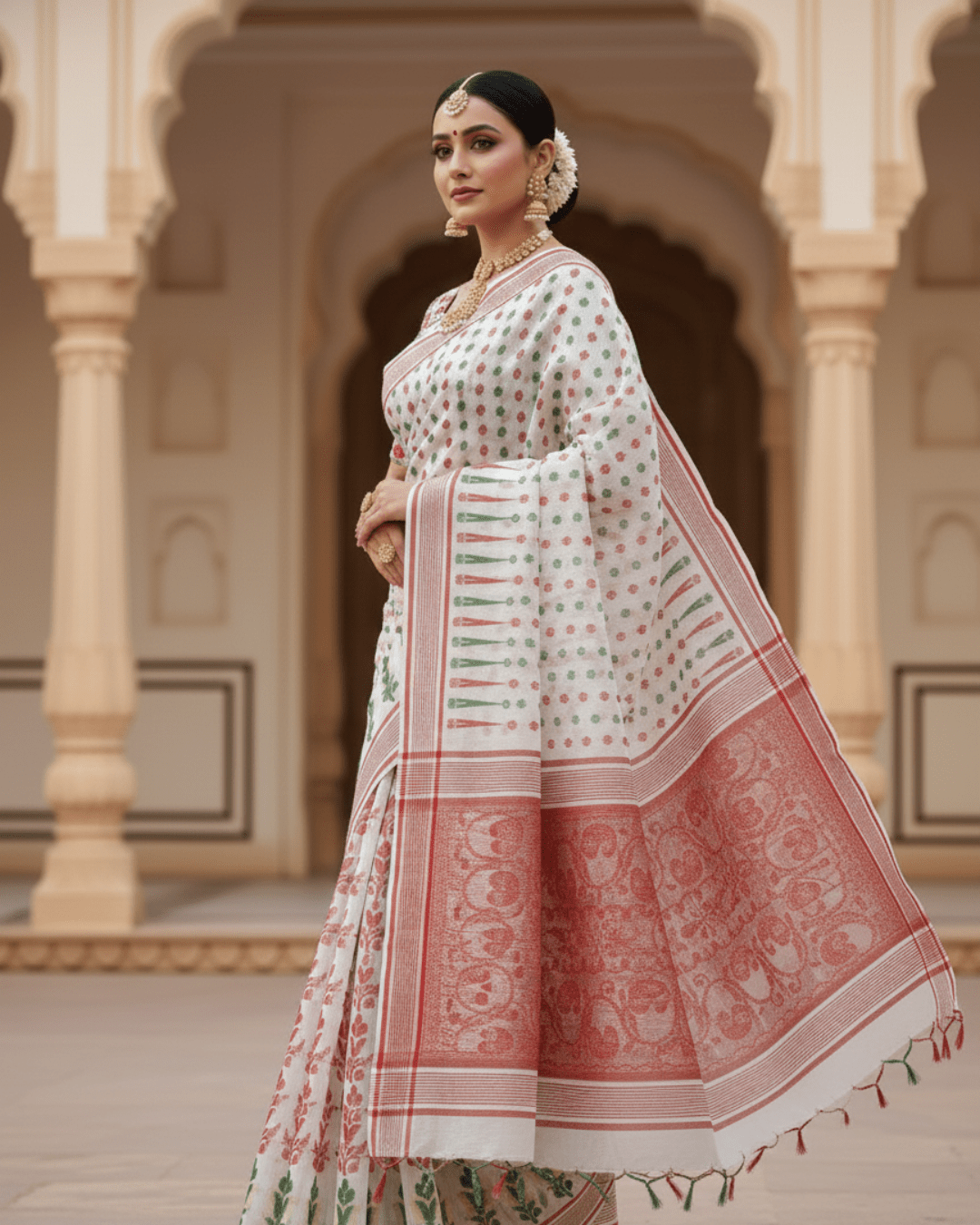 White & Green Soft Jamdani Pure Cotton Saree –Traditional Handloom Saree