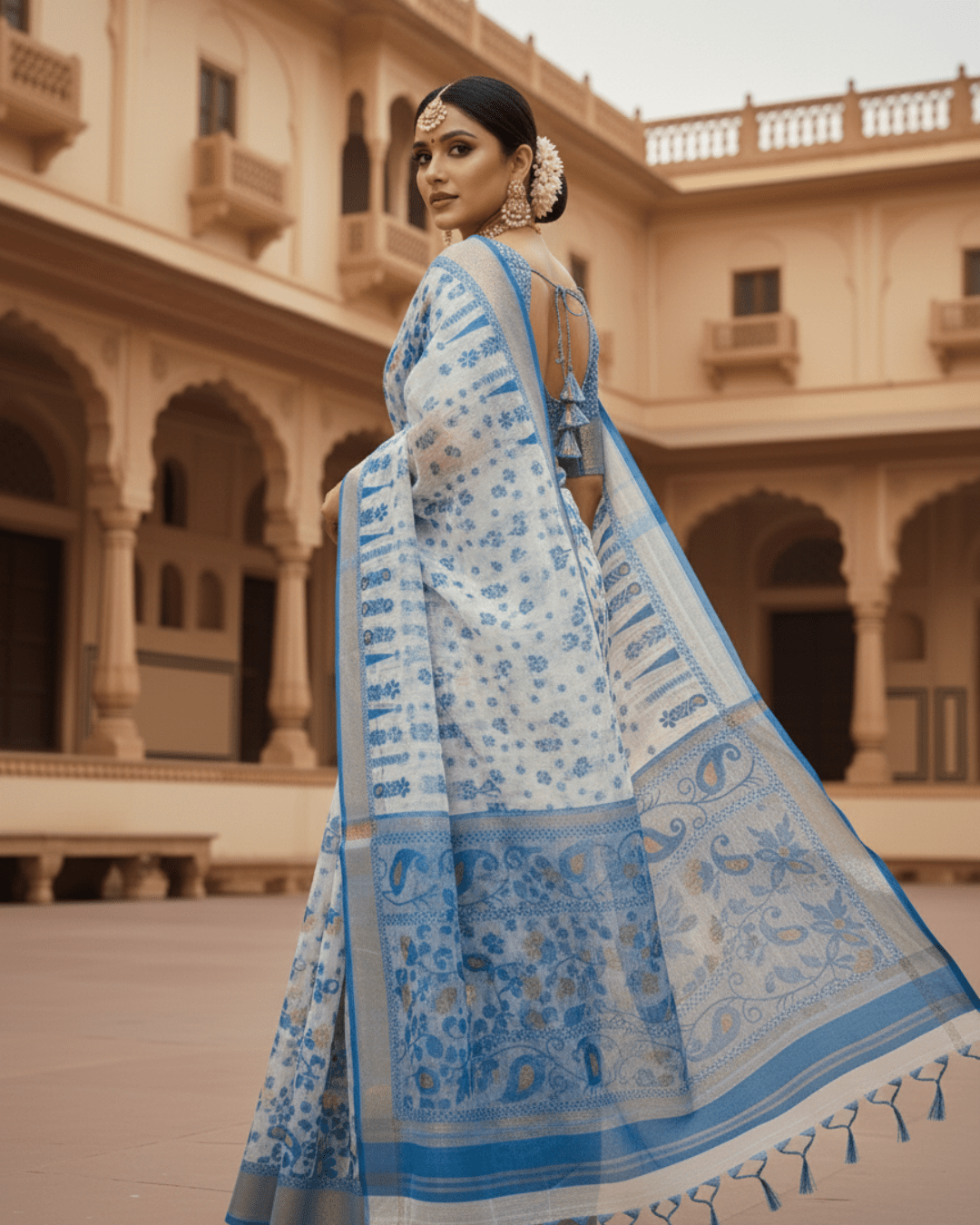 White & Blue Soft Jamdani Pure Cotton Saree –Traditional Handloom Saree - Image 3