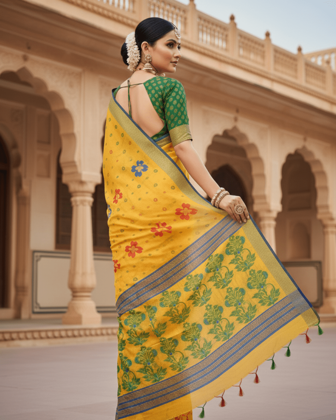 Yellow Jamdani Pom Pom Pure Cotton Saree – Handloom Saree - Image 2