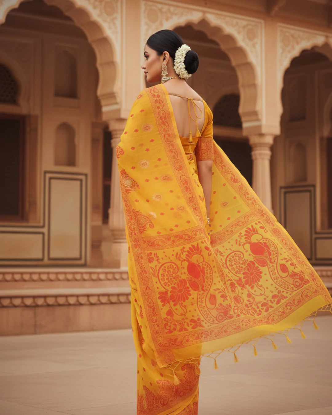 Yellow Handloom Cotton Linen Saree – Traditional Saree - Image 3