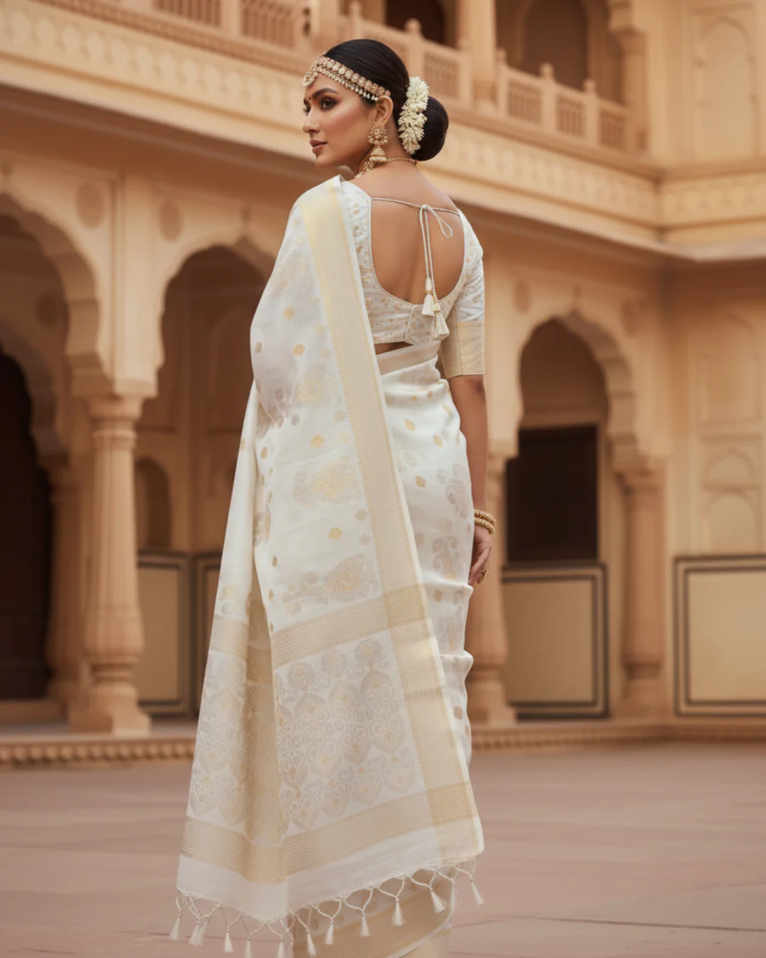 White Handloom Cotton Linen Saree – Traditional Saree - Image 2