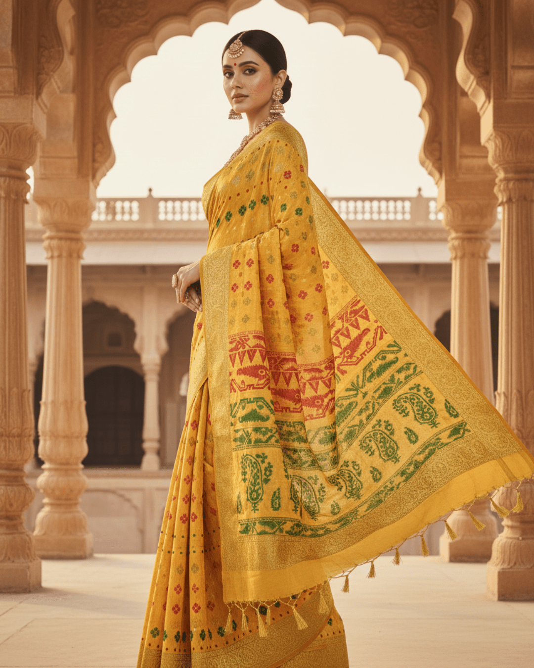 Yellow Soft Jamdani Pure Cotton Saree –Traditional Handloom Saree - Image 3