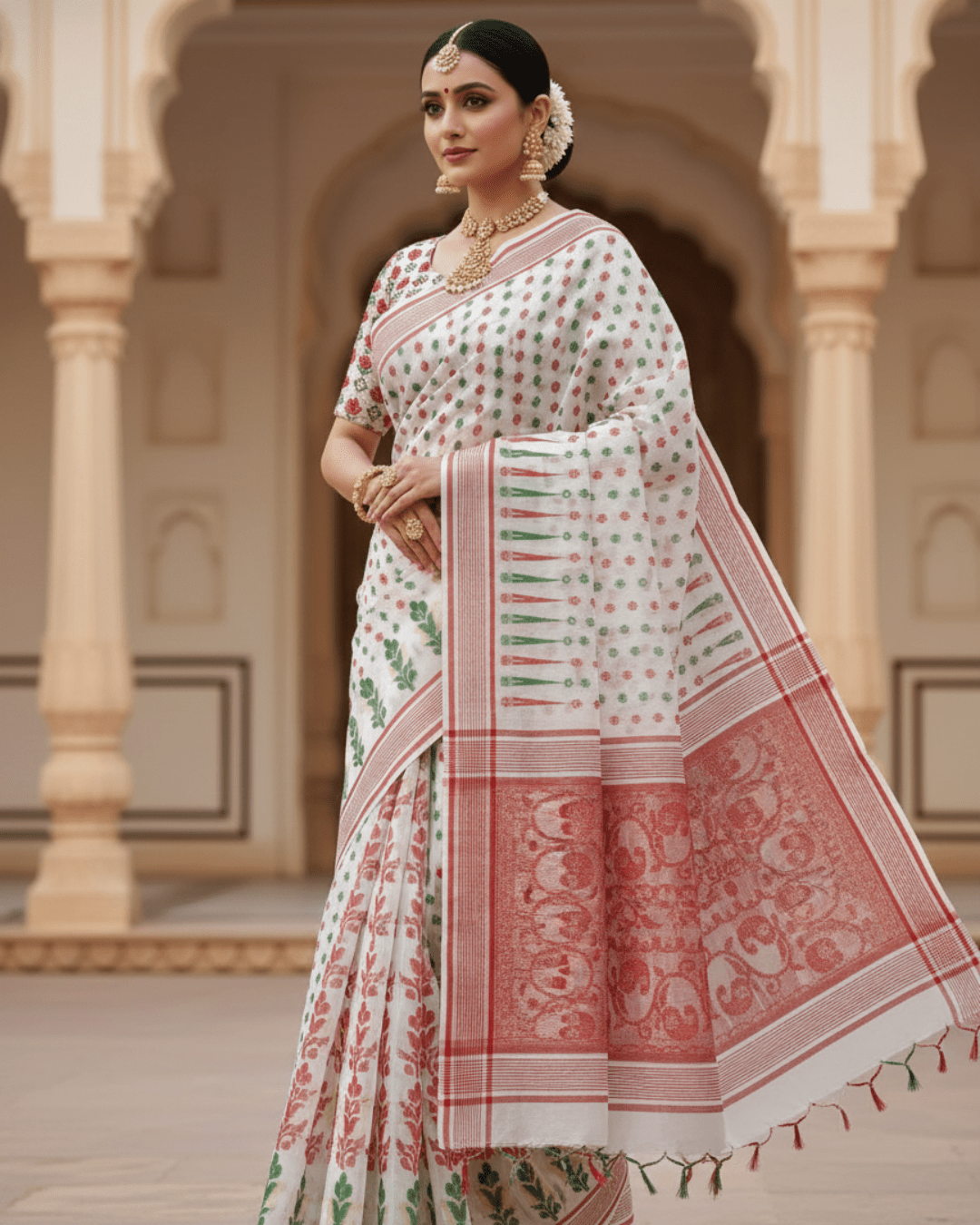 White & Green Soft Jamdani Pure Cotton Saree –Traditional Handloom Saree - Image 2