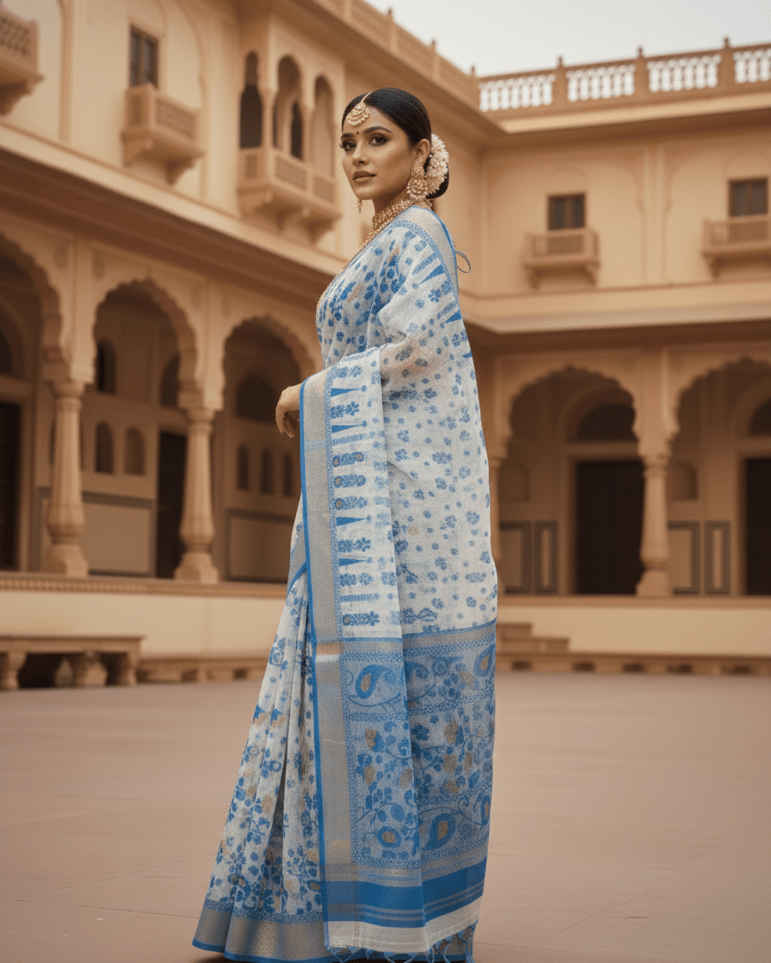 White & Blue Soft Jamdani Pure Cotton Saree –Traditional Handloom Saree - Image 2