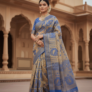 Cream & Blue Soft Jamdani Pure Cotton Saree – Traditional Handloom Saree