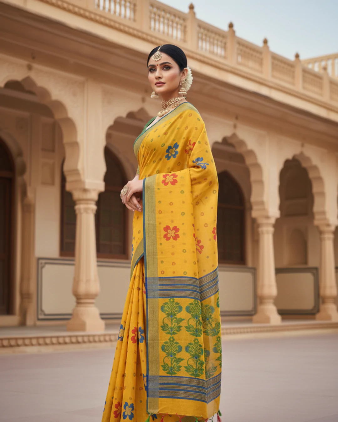 Yellow Jamdani Pom Pom Pure Cotton Saree – Handloom Saree - Image 3
