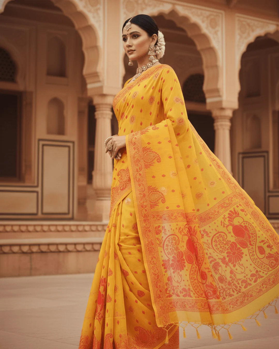 Yellow Handloom Cotton Linen Saree – Traditional Saree - Image 2