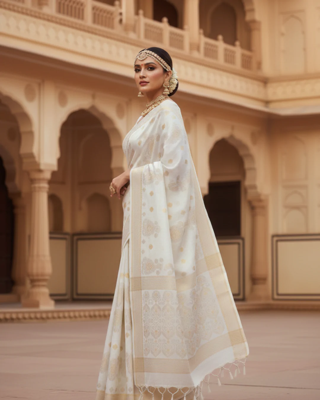 White Handloom Cotton Linen Saree – Traditional Saree - Image 3