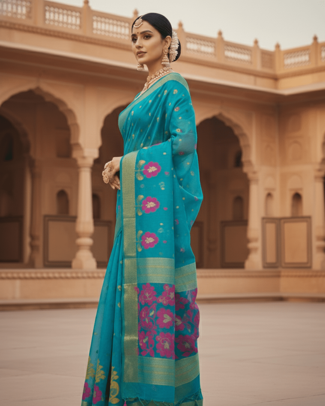 Teal Jamdani Pom Pom Pure Cotton Saree – Traditional Handloom Saree - Image 2