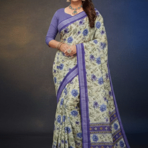 Greenish Blue Digital Linen Silk Saree