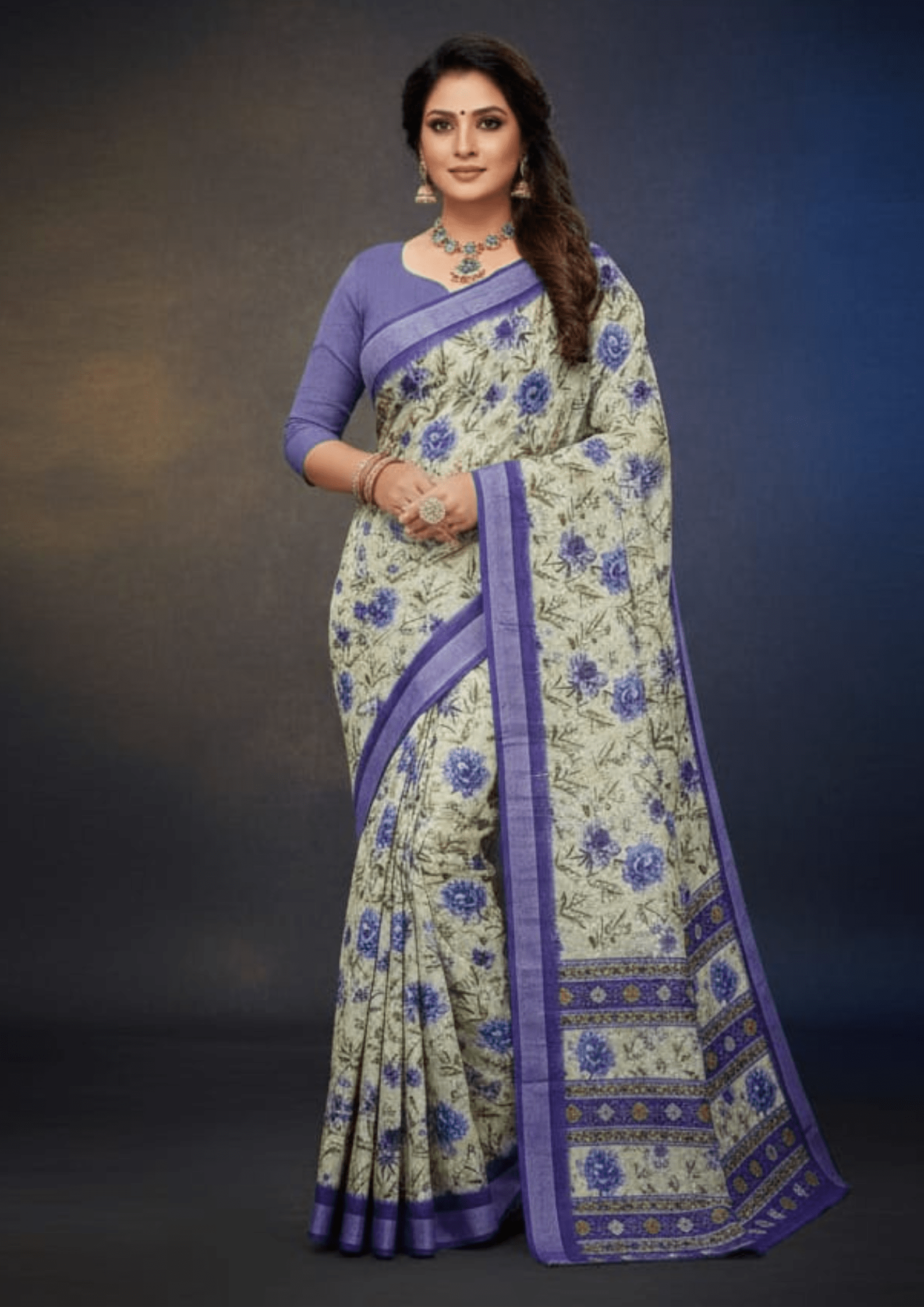 Greenish Blue Digital Linen Silk Saree