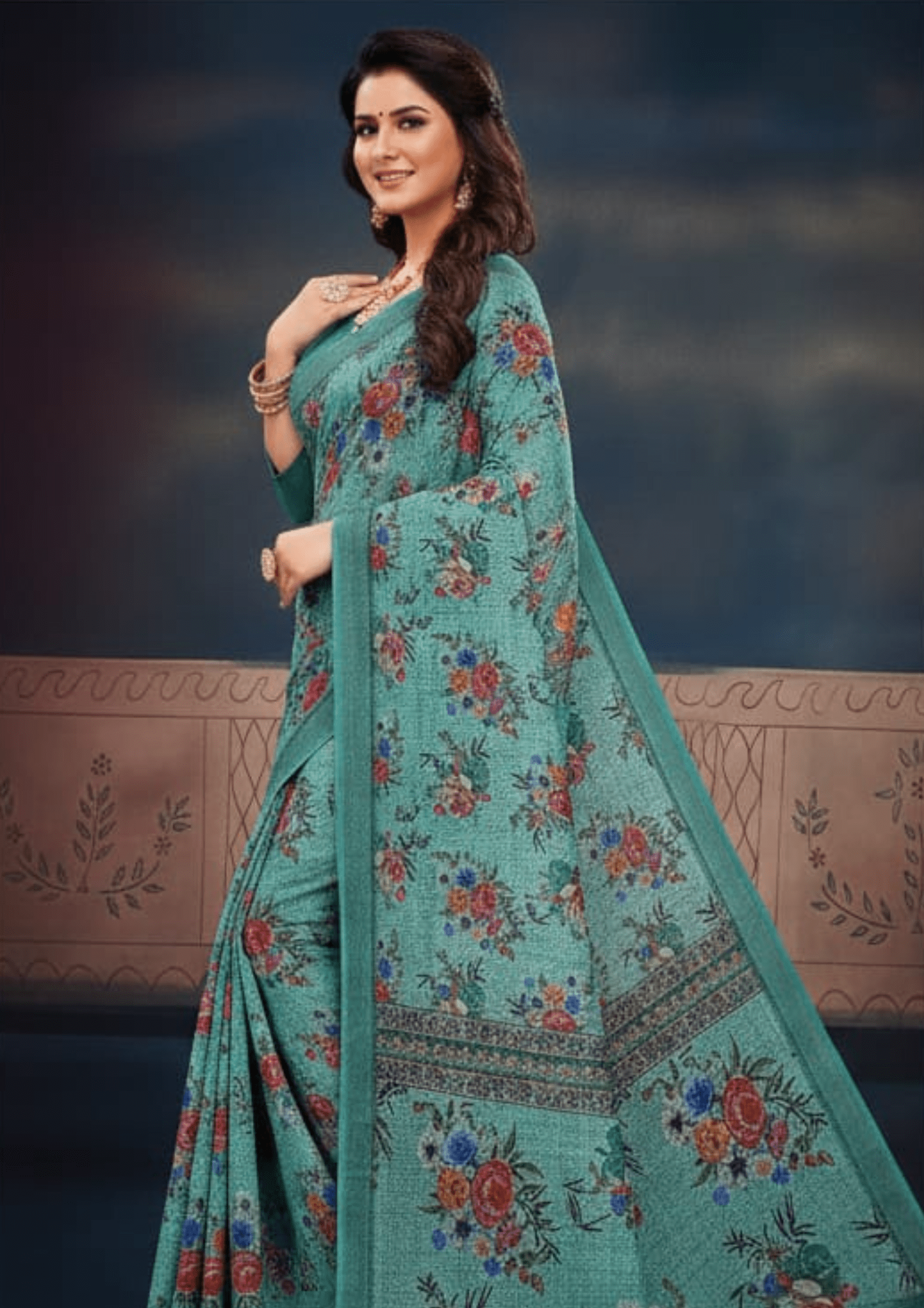 Green Digital Linen Silk Saree - Image 2