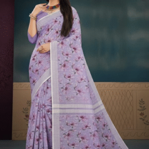 Lavender Digital Printed Linen Silk Saree