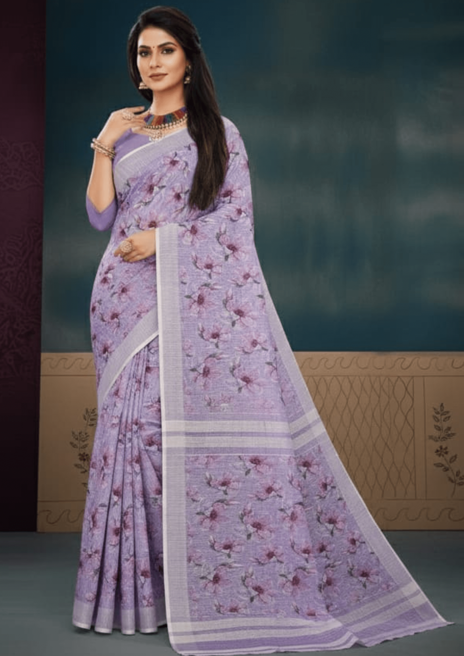 Lavender Digital Printed Linen Silk Saree