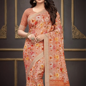 Light Orange Digital Printed Linen Silk Saree