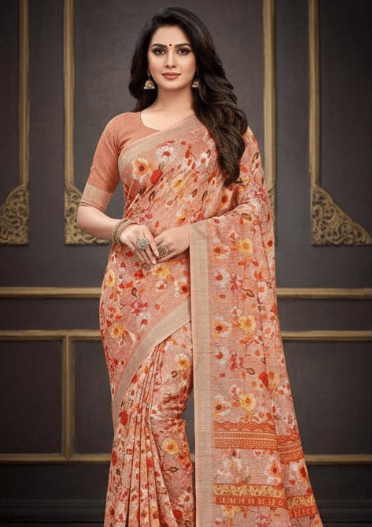 Light Orange Digital Printed Linen Silk Saree