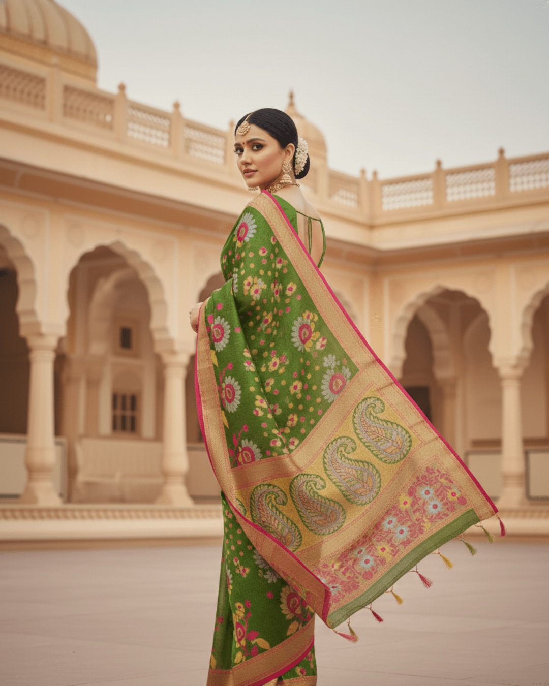 Green Jamdani Pom Pom Pure Cotton Saree – Traditional Handloom Saree - Image 3