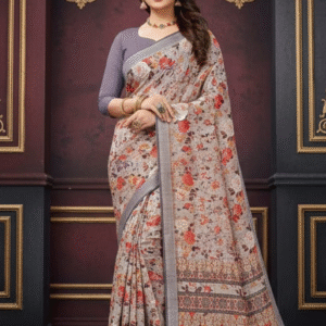 Light Pink Digital Printed Linen Silk Saree