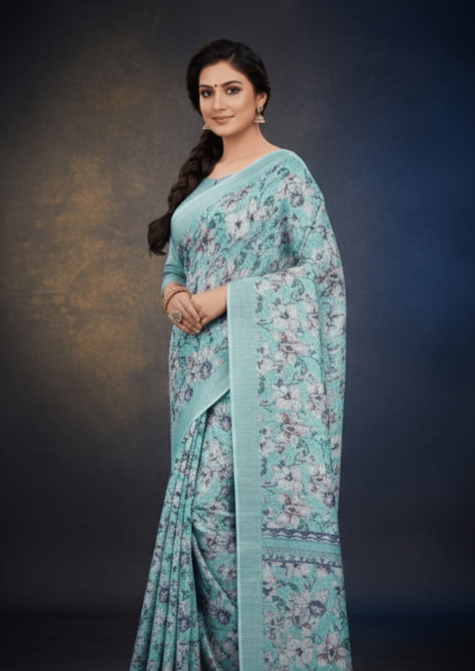 Teal Digital Printed Linen Silk Saree - Image 2
