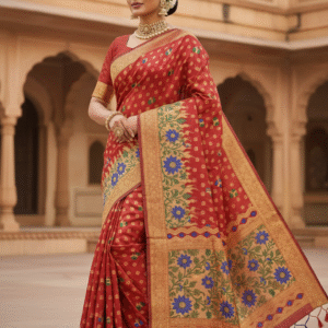 Red Jamdani Pom Pom Pure Cotton Saree – Traditional Handloom Saree