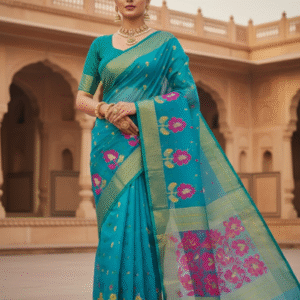 Teal Jamdani Pom Pom Pure Cotton Saree – Traditional Handloom Saree
