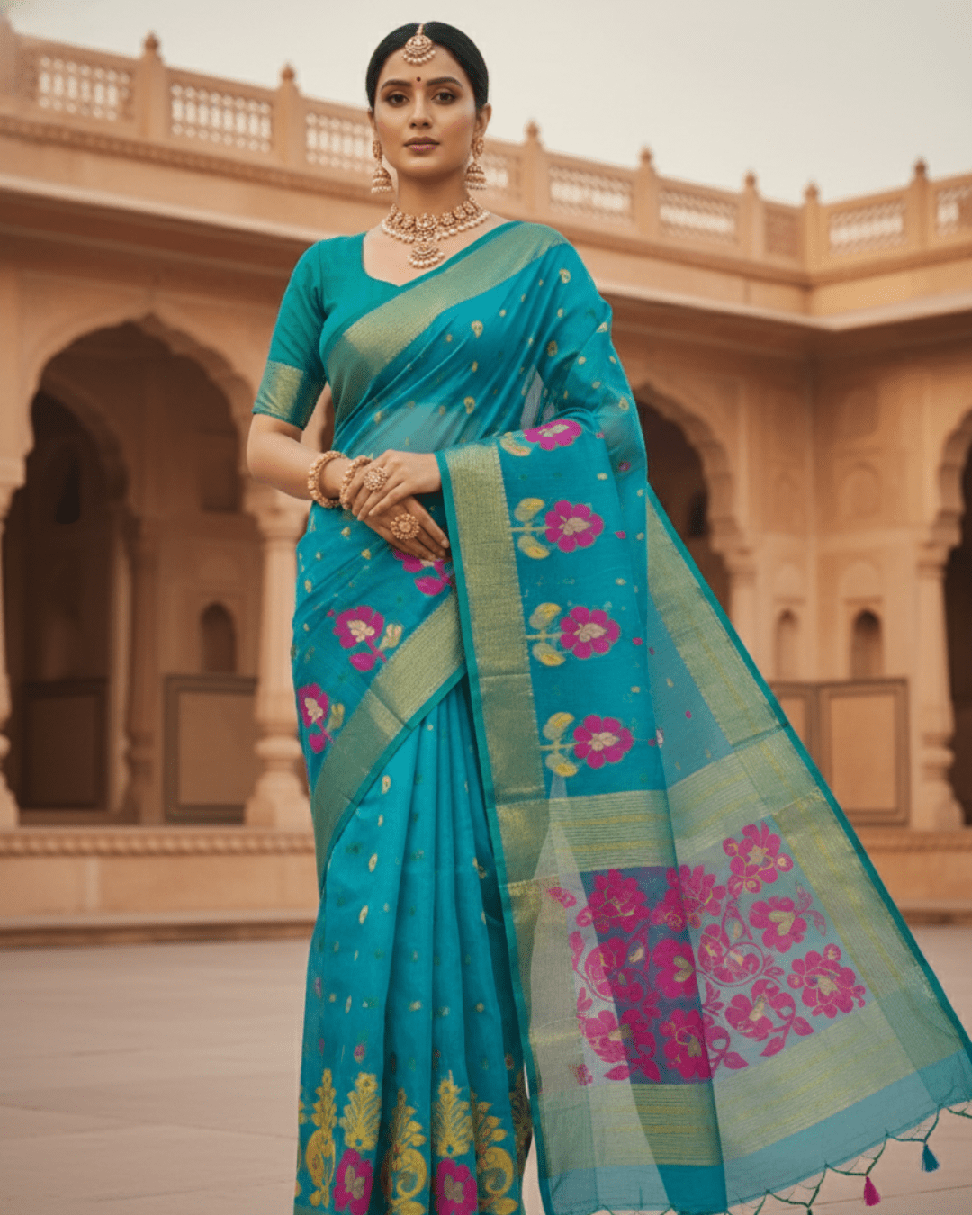 Teal Jamdani Pom Pom Pure Cotton Saree – Traditional Handloom Saree