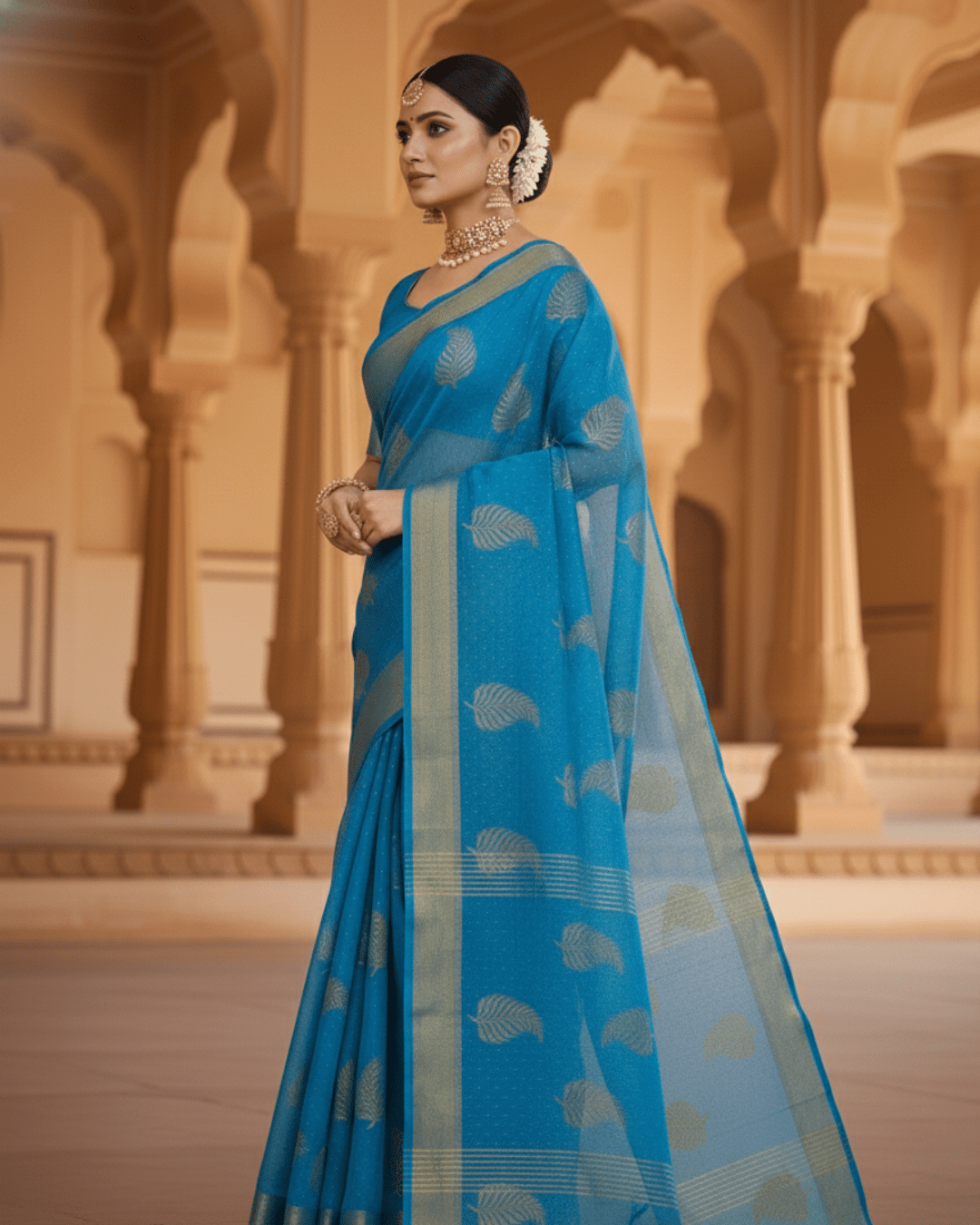 Light Blue Handloom Cotton Silk Saree - Image 3
