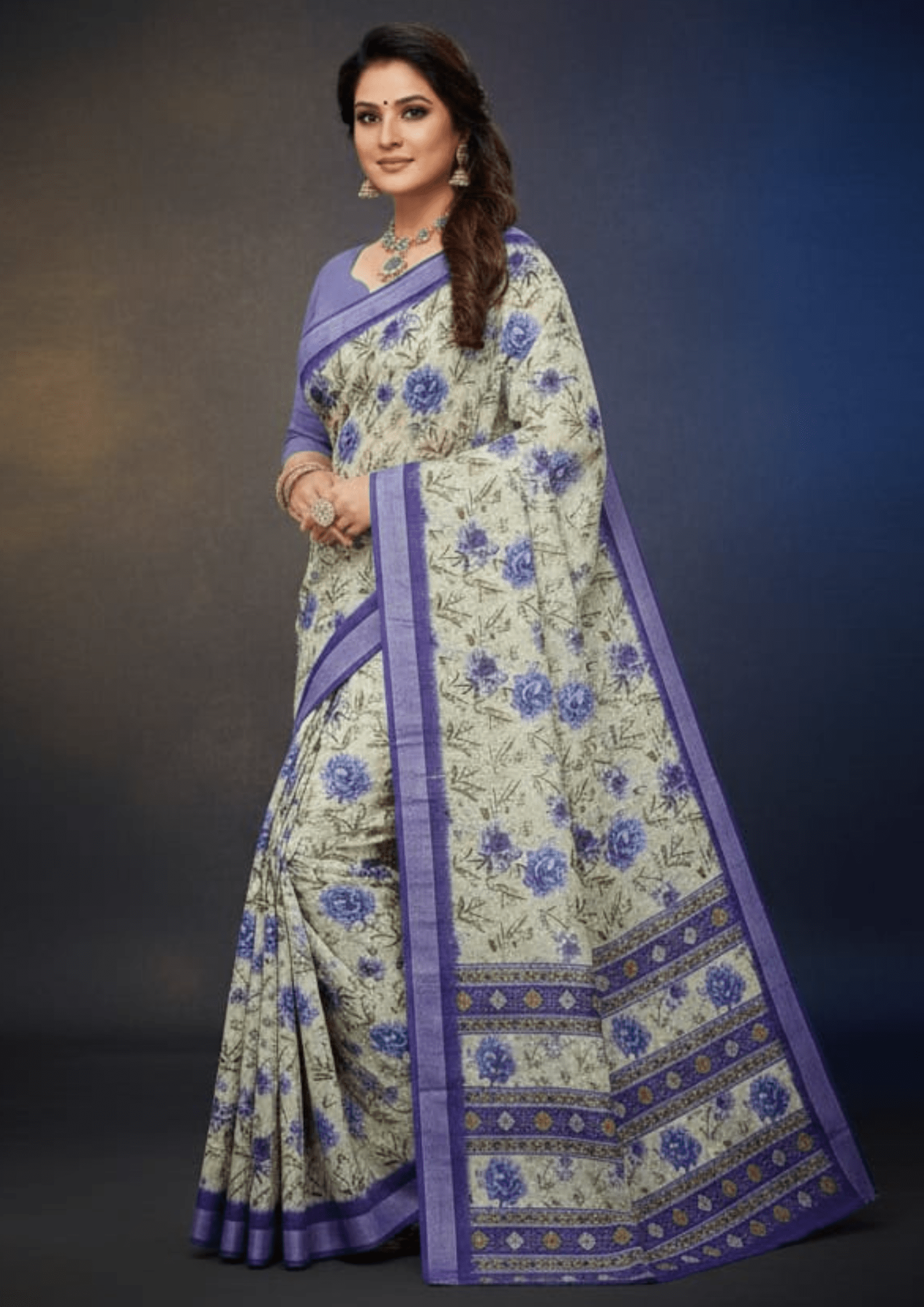 Greenish Blue Digital Linen Silk Saree - Image 2