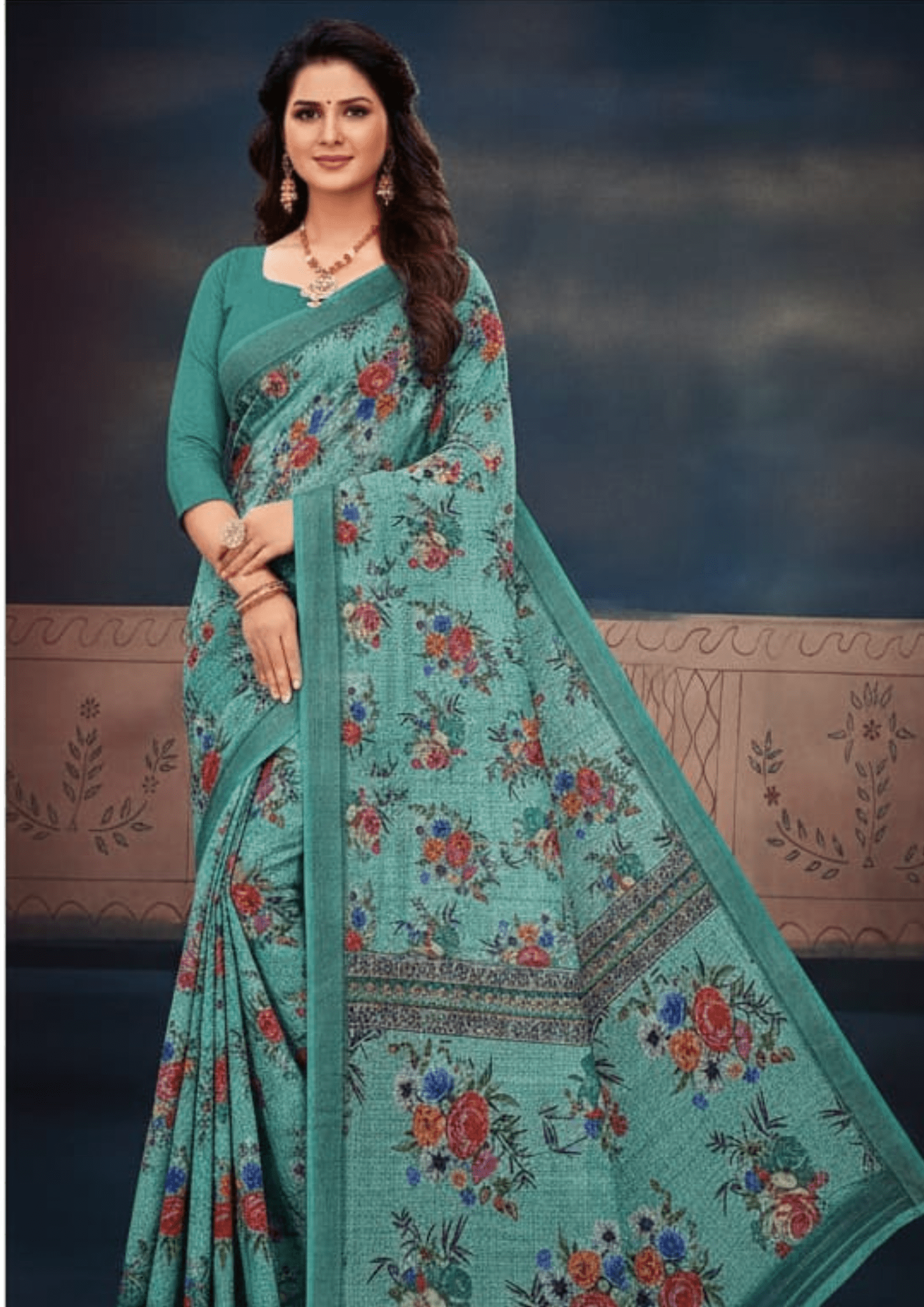 Green Digital Linen Silk Saree