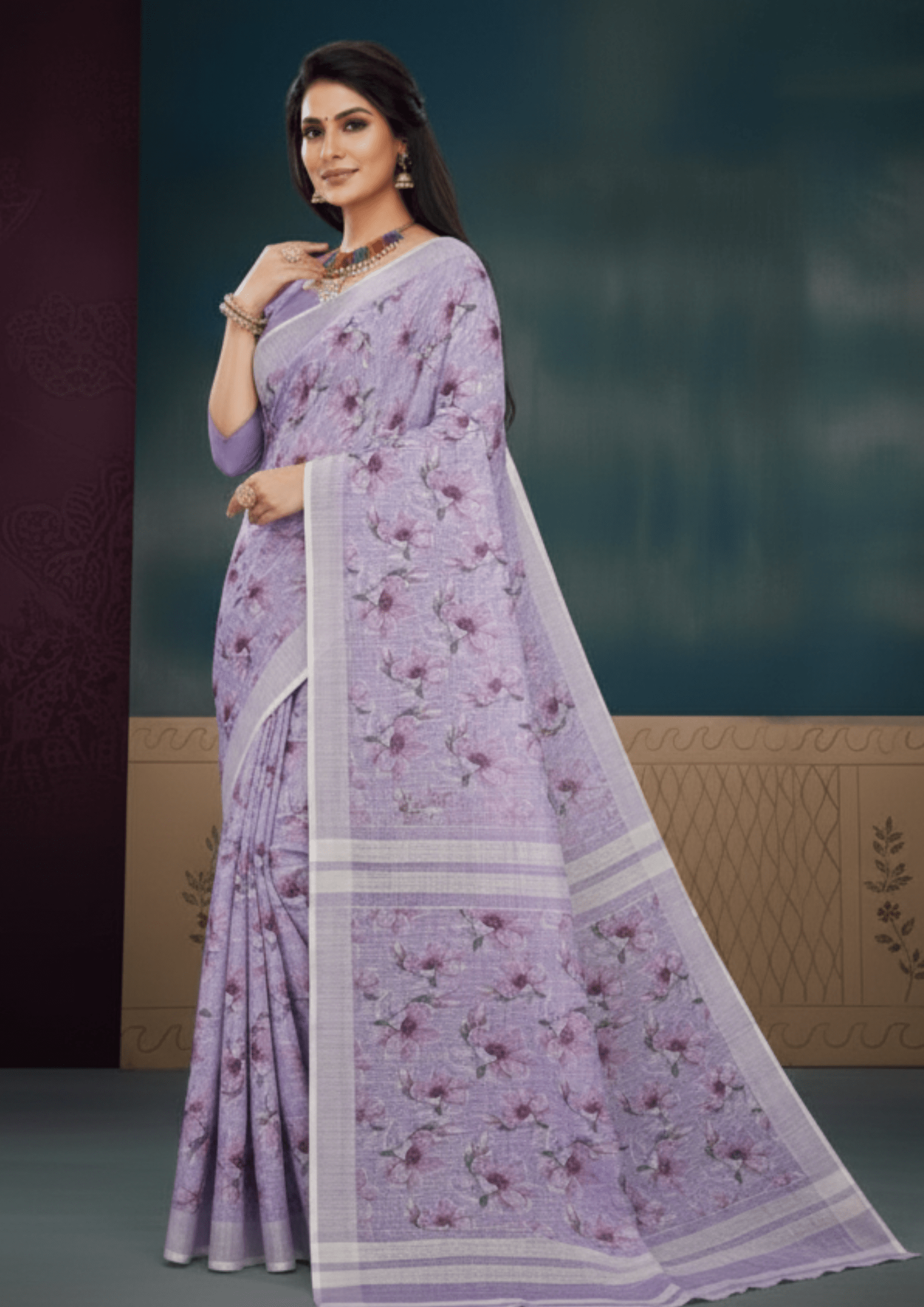 Lavender Digital Printed Linen Silk Saree - Image 4