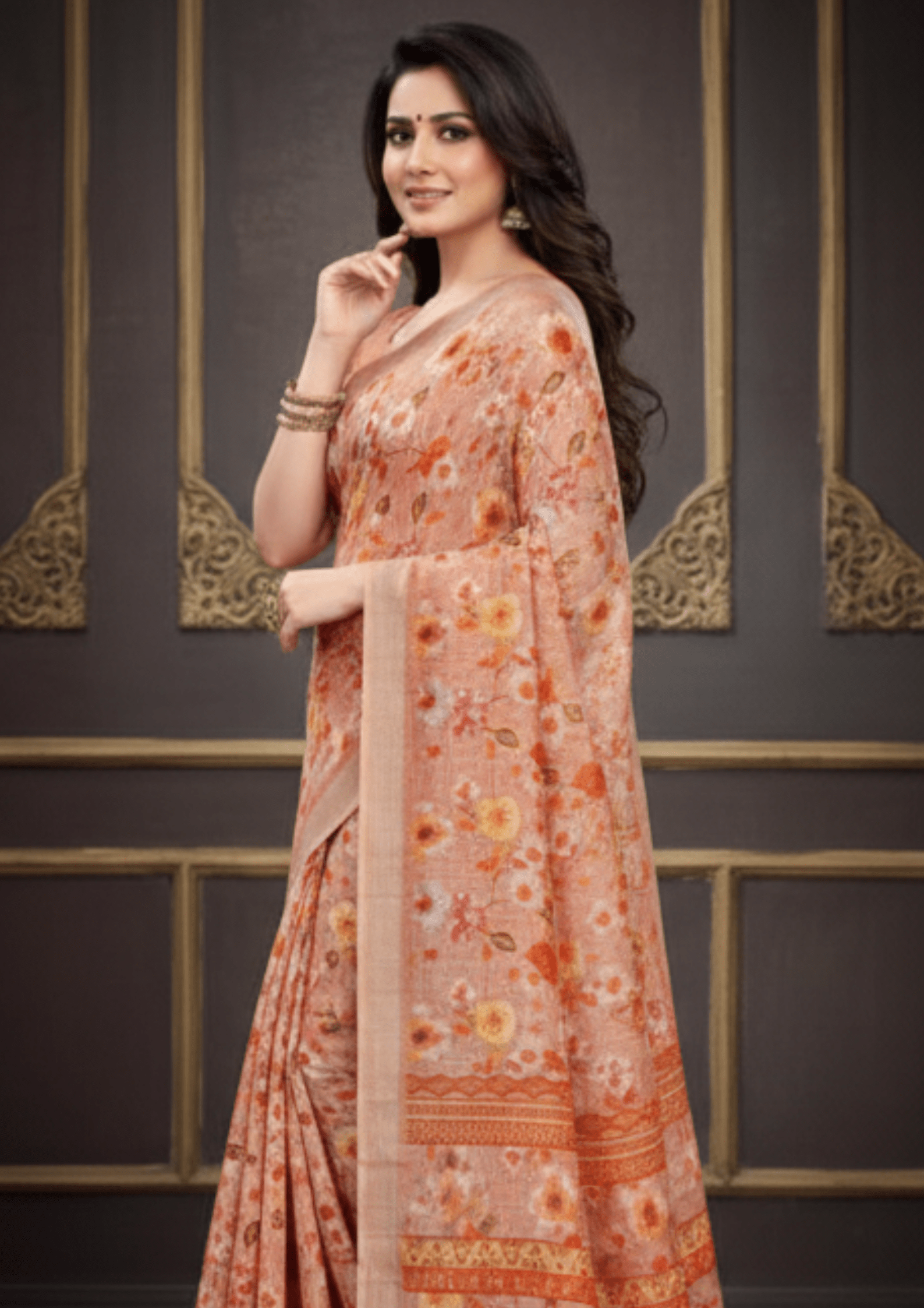 Light Orange Digital Printed Linen Silk Saree - Image 2