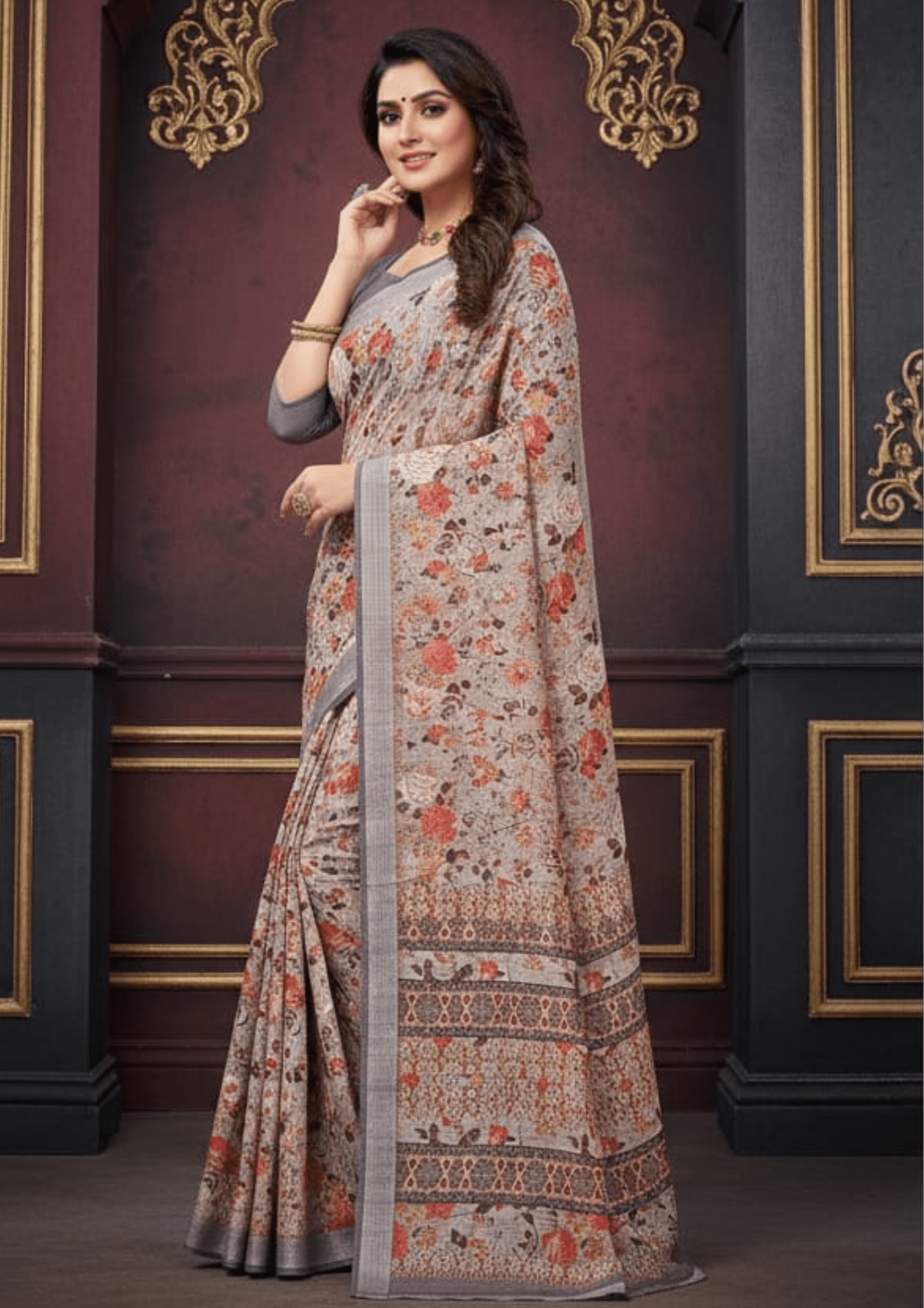 Light Pink Digital Printed Linen Silk Saree - Image 3