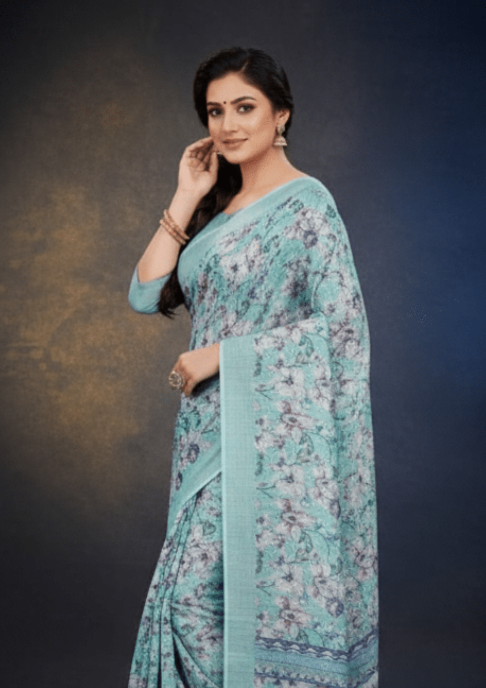 Teal Digital Printed Linen Silk Saree - Image 3