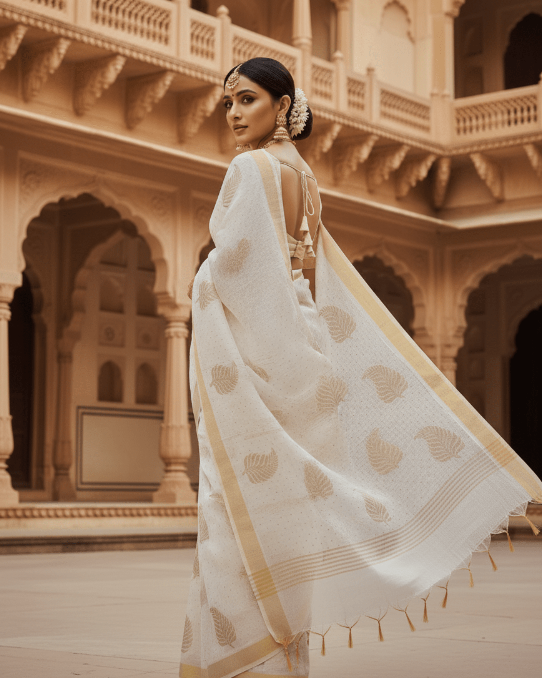 White Handloom Cotton Silk Saree - Image 2