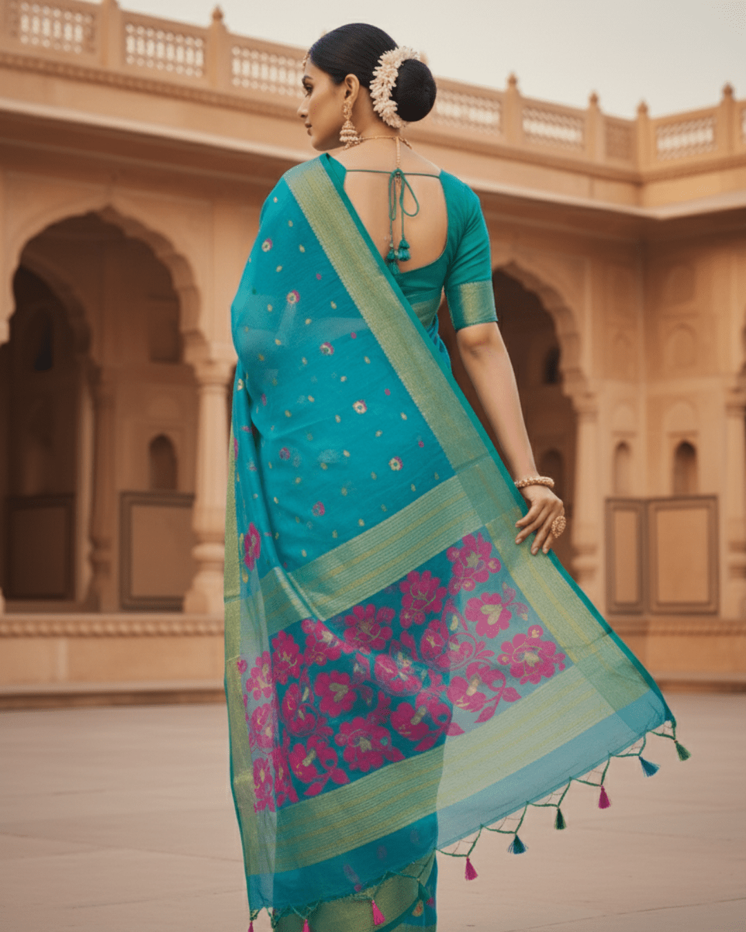 Teal Jamdani Pom Pom Pure Cotton Saree – Traditional Handloom Saree - Image 3