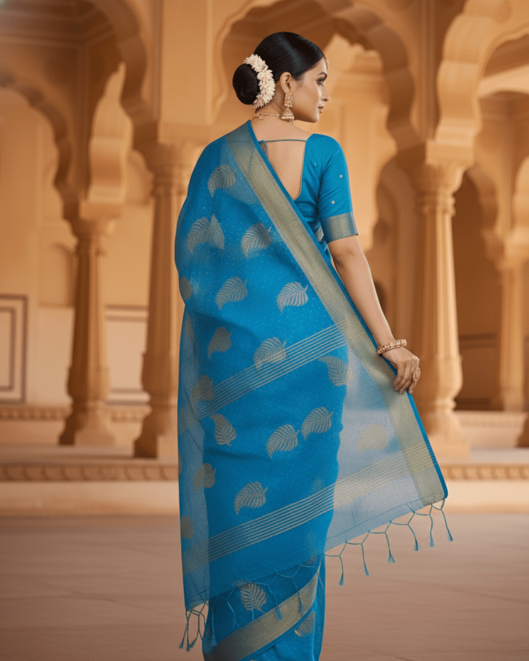 Light Blue Handloom Cotton Silk Saree - Image 2