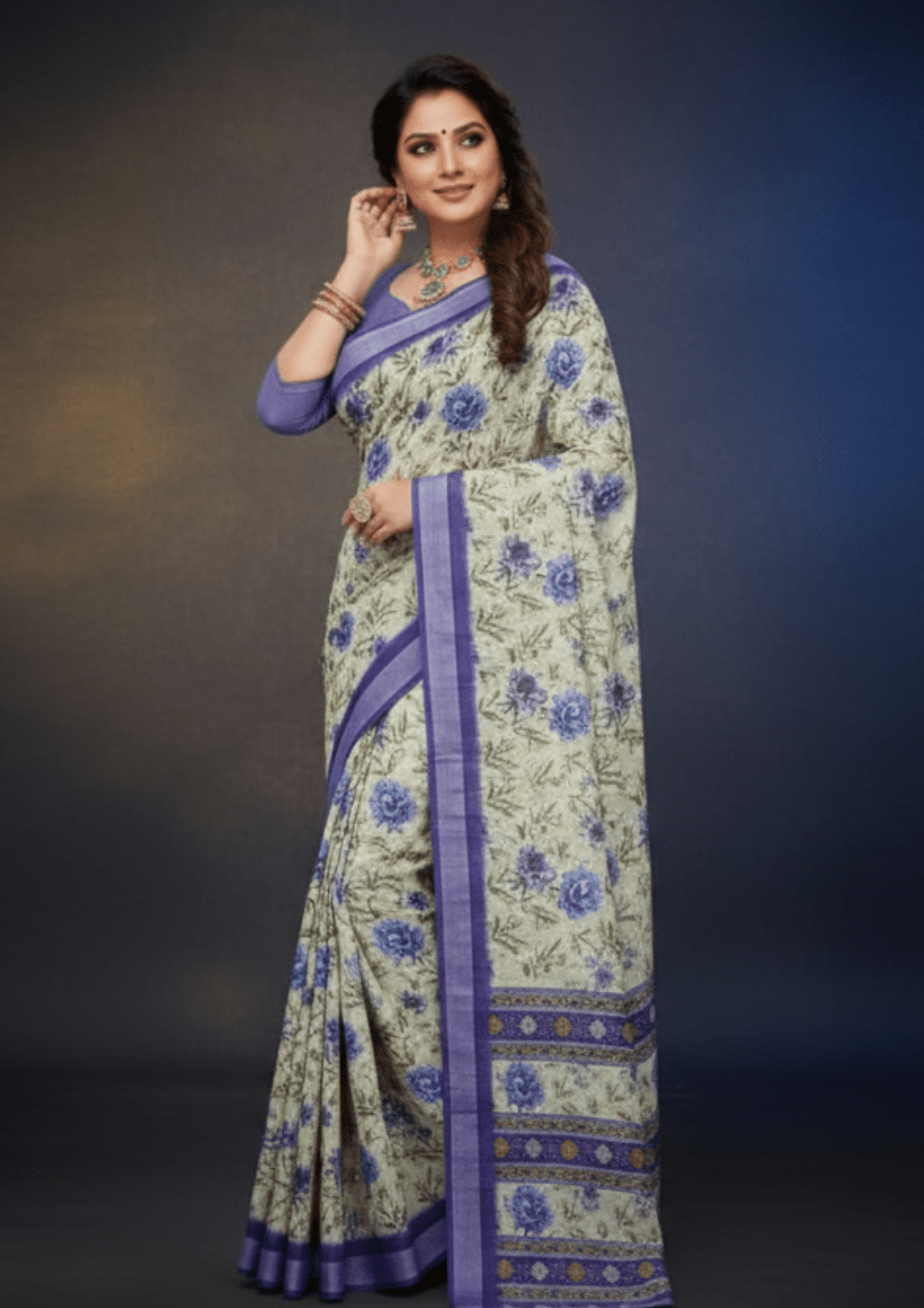 Greenish Blue Digital Linen Silk Saree - Image 3