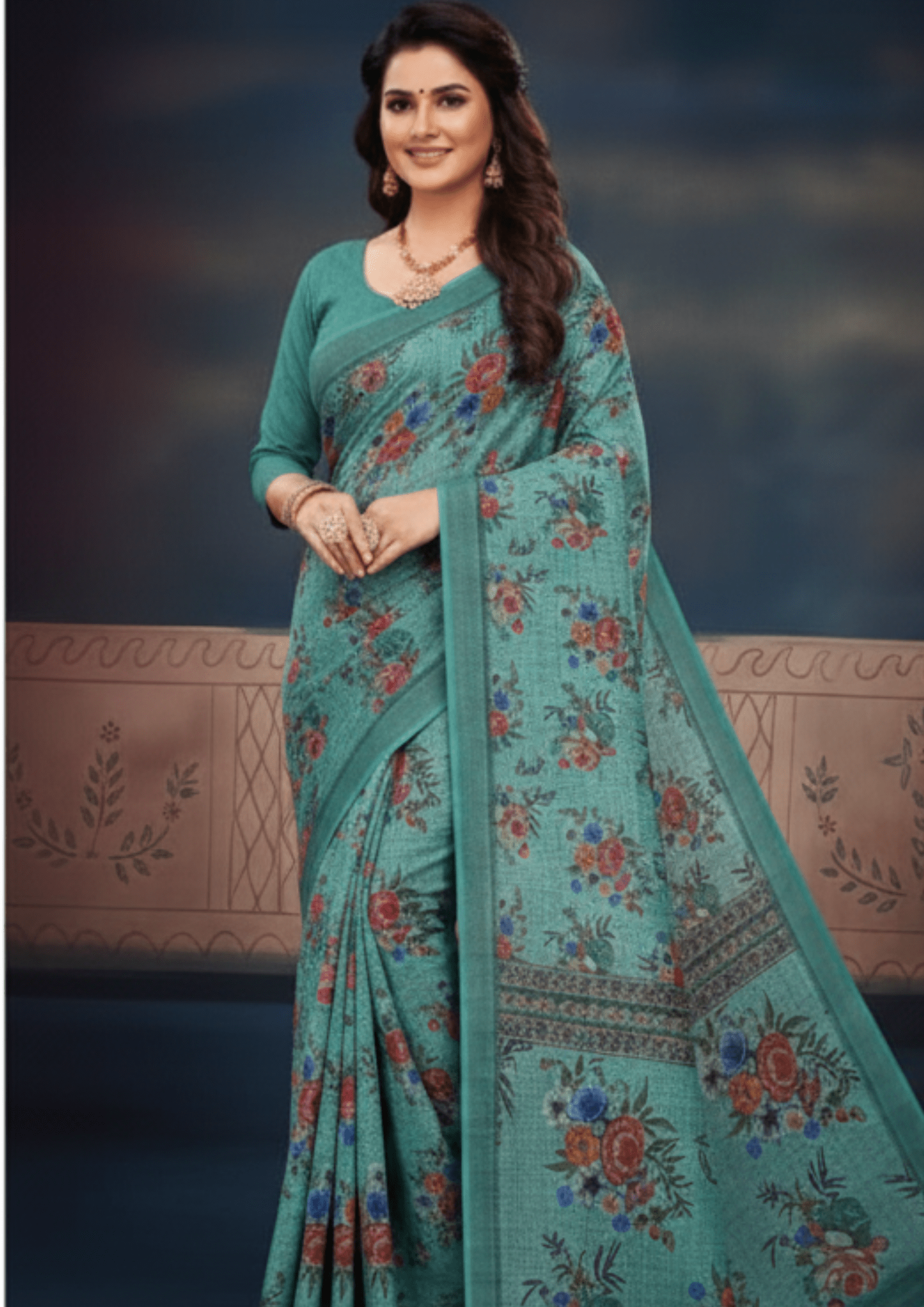 Green Digital Linen Silk Saree - Image 3