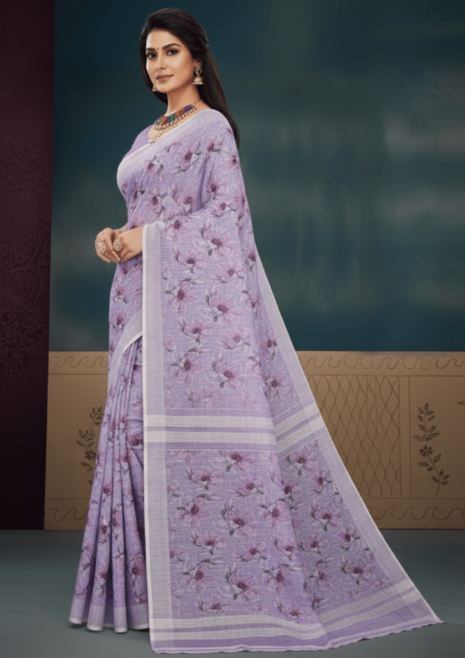 Lavender Digital Printed Linen Silk Saree - Image 3