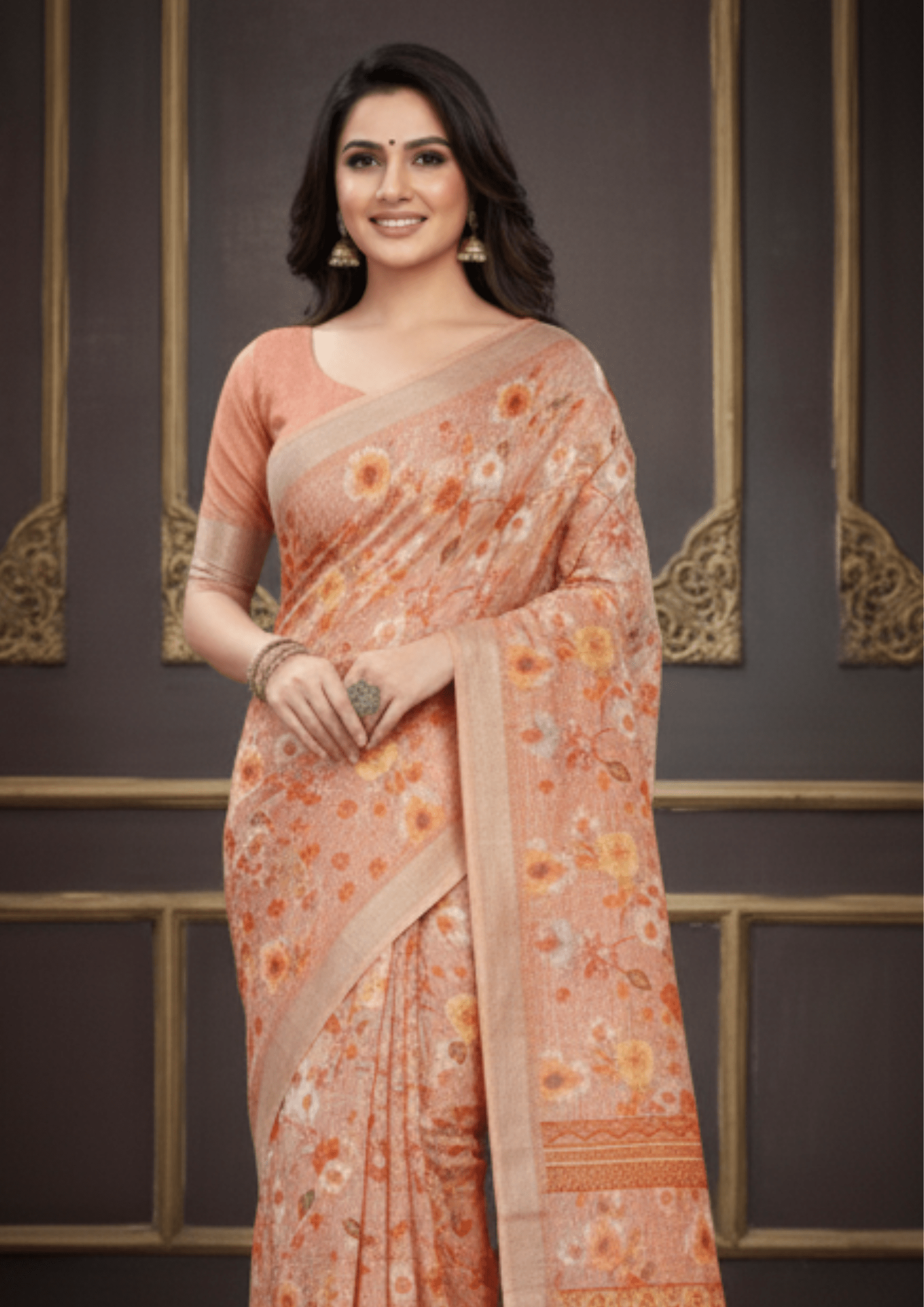 Light Orange Digital Printed Linen Silk Saree - Image 3